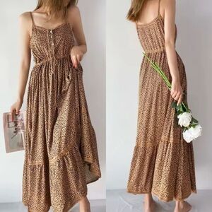 NEW Tan/Black Leopard Print Boho Tie Waist Maxi Dress